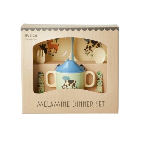 Rice melamine kinderservies Farm print blauw