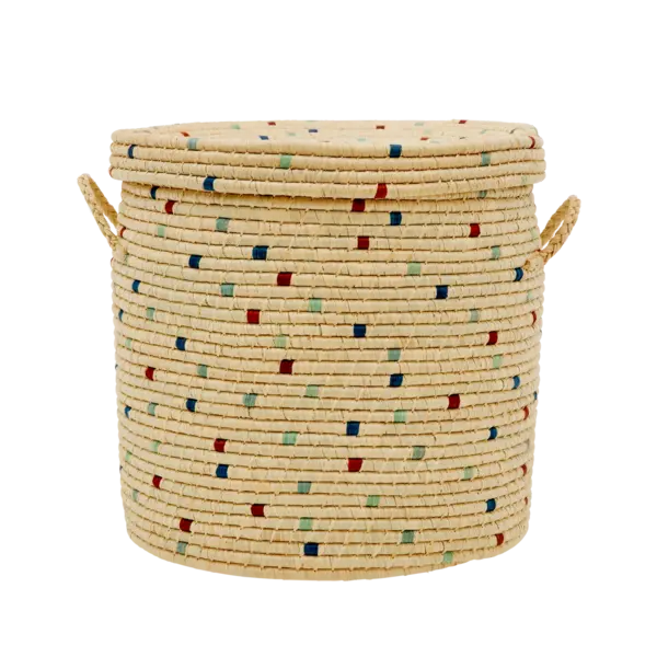 rice Denmark Rice raffia opbergmand met deksel en blauwe stippen groot