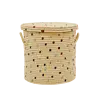 Rice raffia opbergmand met deksel en blauwe en bruine stippen middelgroot
