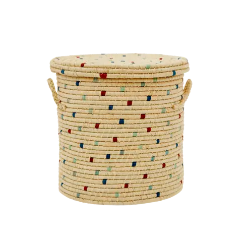 Rice opbergmand met deksel en blauwe en bruine stippen middelgroot