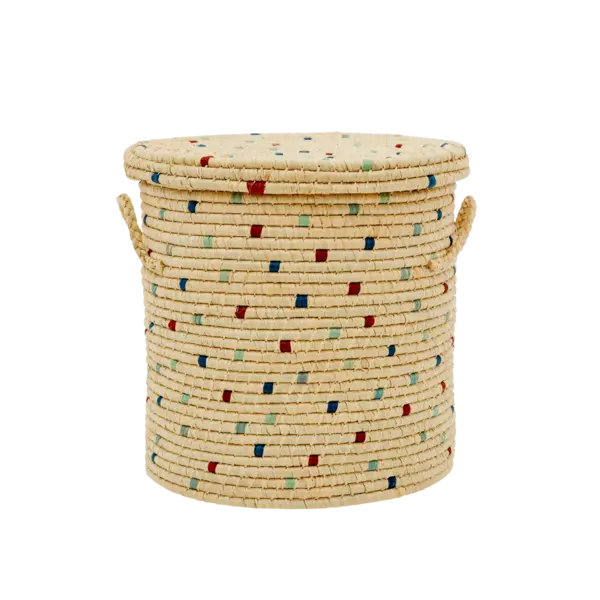 rice Denmark Rice raffia opbergmand met deksel en blauwe en bruine stippen middelgroot