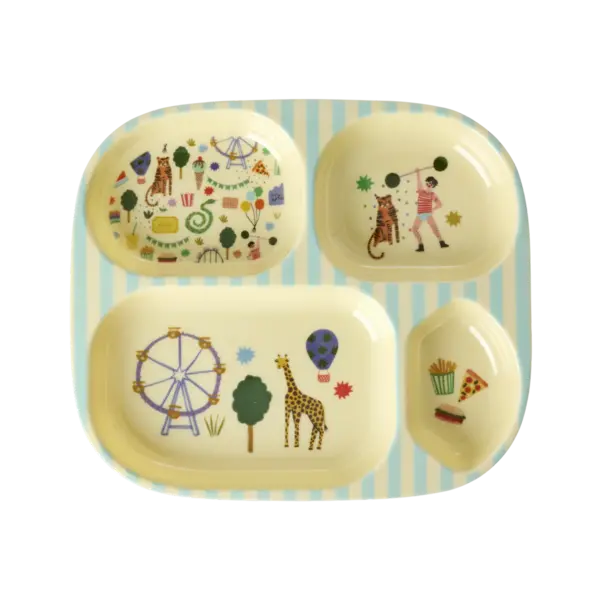 rice Denmark Rice melamine kinderbord met vakken Fun Fair print blauw