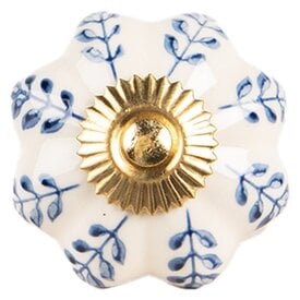 Clayre & Eef Deurknopje bloem creme met blauwe bladeren
