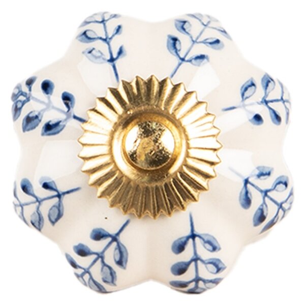 Clayre & Eef Clayre & Eef deurknopje bloem creme met blauwe bladeren