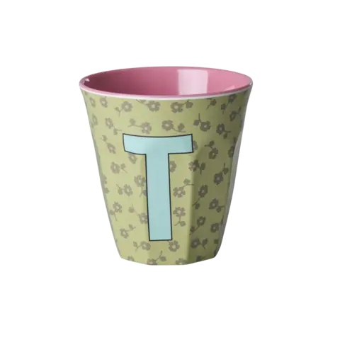 Rice alfabet beker letter T bloemen groen roze