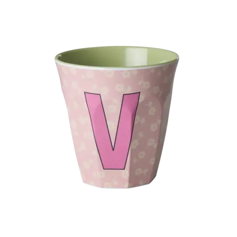 Rice alfabet beker letter V bloemen roze groen
