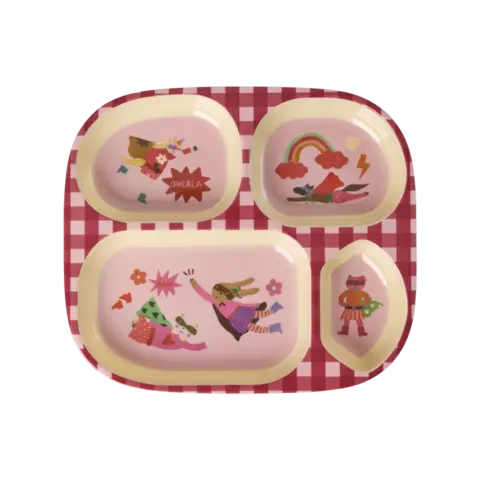 Rice melamine kinderbordje met vakjes Hero print roze