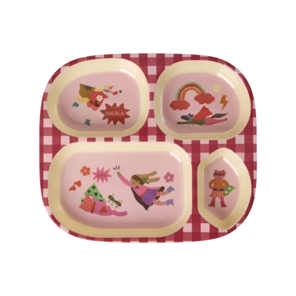 rice Denmark Rice melamine kinderbord met vakken Superhelden print roze