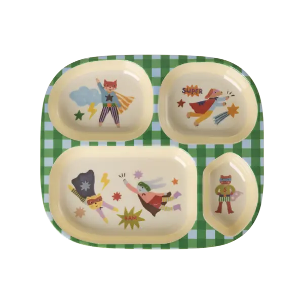 rice Denmark Rice melamine kinderbord met vakken Superhelden print groen