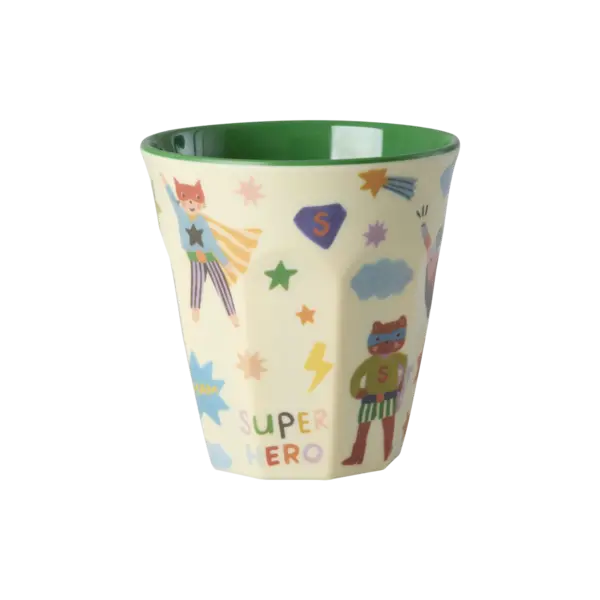 rice Denmark Rice melamine kinderbeker medium superhelden Hero print groen/creme