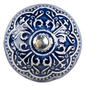 Clayre & Eef Deurknopje porselein  blauw met bloemen reliëf