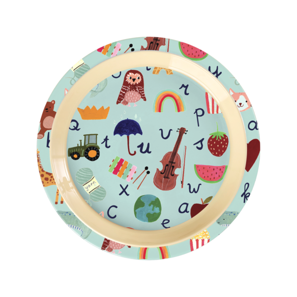 rice Denmark Rice melamine kinderbord ABC print blauw
