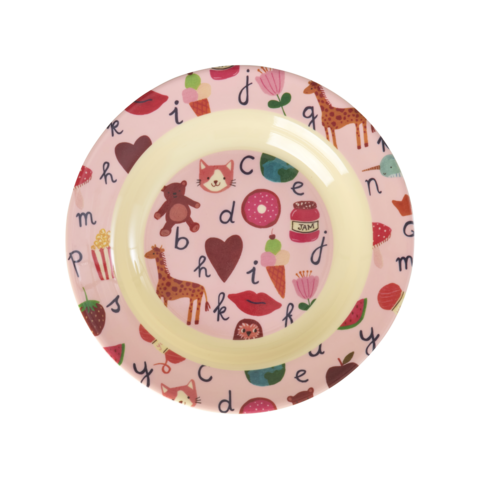 Rice melamine diep bord ABC print roze