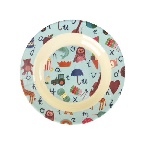 Rice melamine diep bord ABC print blauw