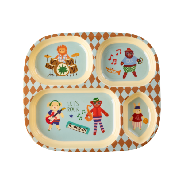 rice Denmark Rice melamine kinderbord met vakken Music Band print blauw
