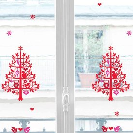 Nouvelles Images Nouvelles Images raamstickers kerst boom met uil en eekhoorn  rood