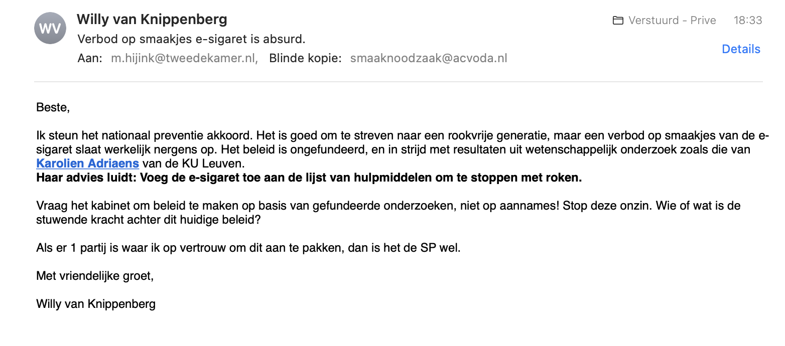 Brief aan Maarten Hijink - verbod smaakjes esigaret
