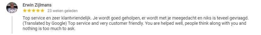 Top service en zeer klantvriendelijk. Je wordt goed geholpen, er wordt met je meegedacht en niks is teveel gevraagd. (Translated by Google) Top service and very customer friendly. You are helped well, people think along with you and nothing is too much to ask.