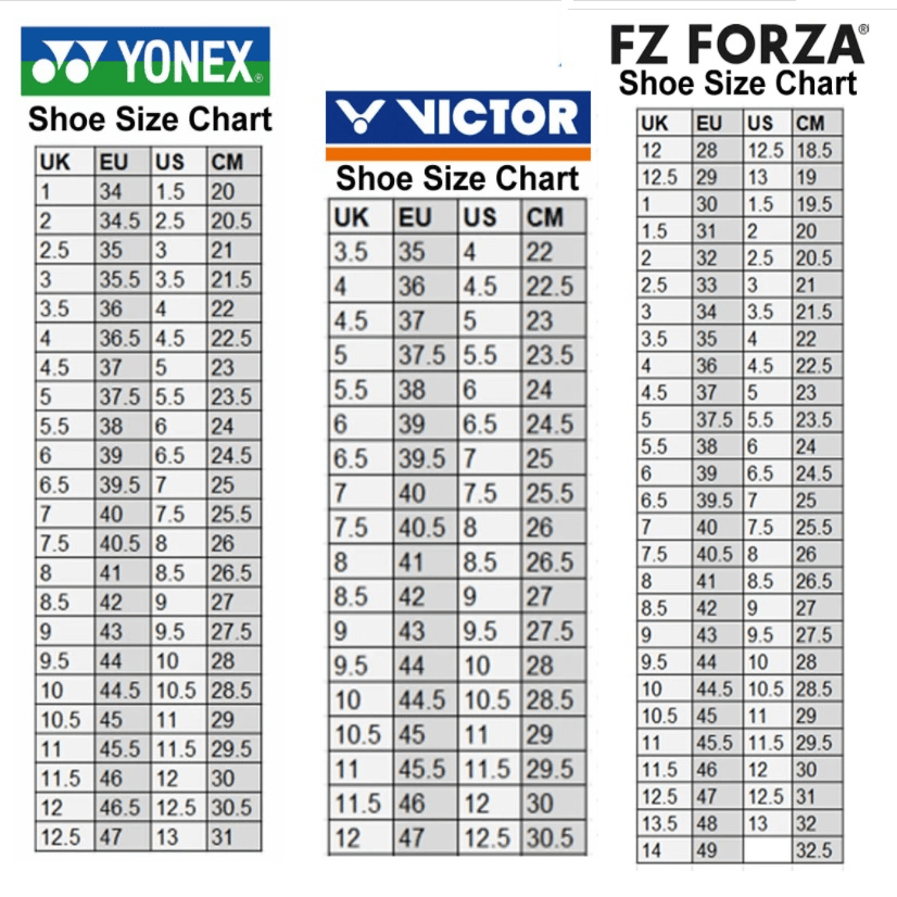 Shoe size table - KW FLEX racket specialist