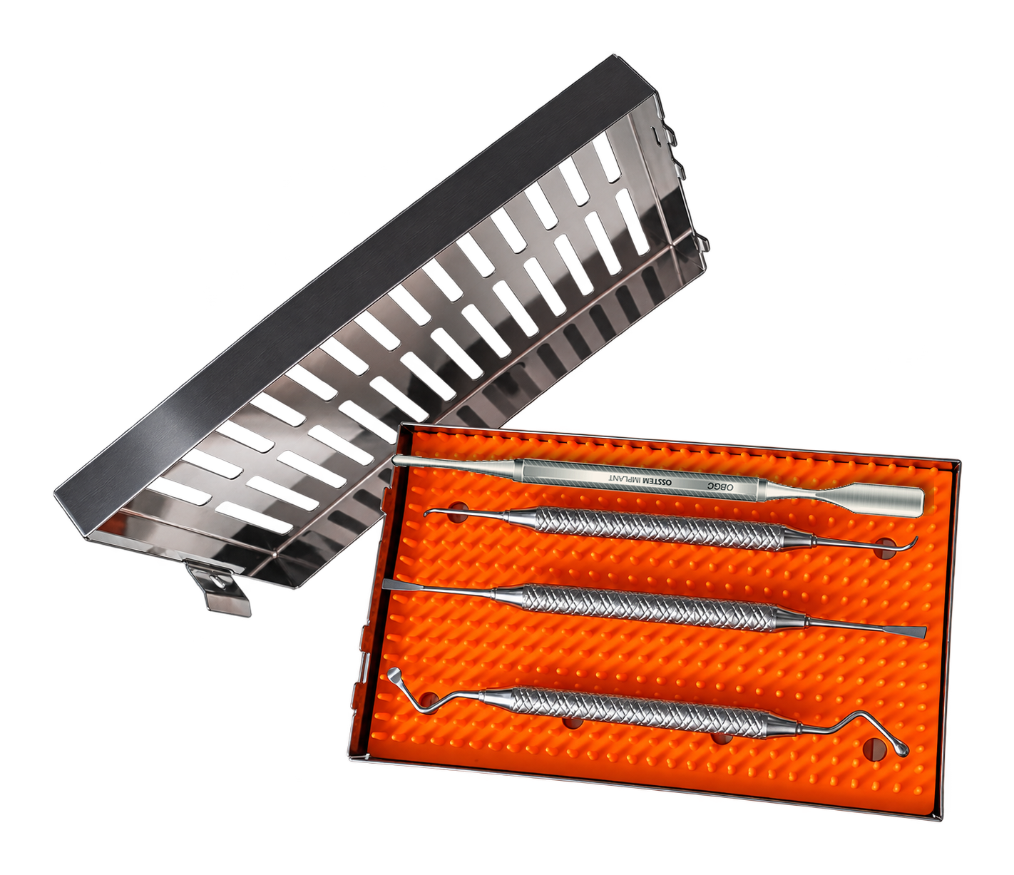ImplAg Sinus Set with three double-ended instruments in sterilisation cassette
