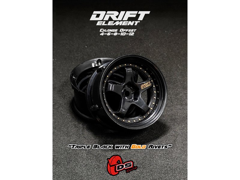 DS Racing Drift Element 5 Spoke Wheel Adj. Offset (2pcs) / Triple Black with Gold Rivets
