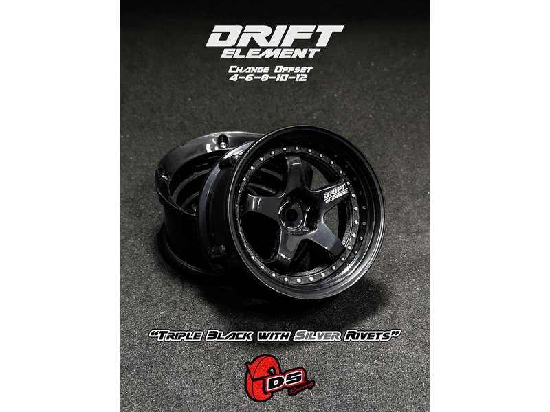 DS Racing Drift Element 5 Spoke Wheel Adj. Offset (2pcs) / Triple Black with Silver Rivets