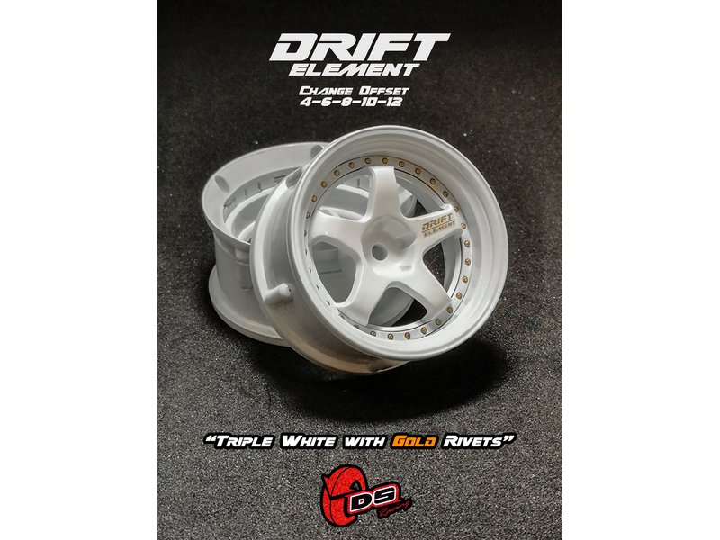 DS Racing Drift Element 5 Spoke Wheel Adj. Offset (2pcs) / Triple White with Gold Rivets