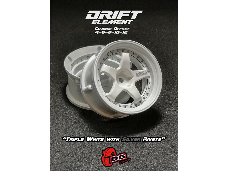 DS Racing Drift Element 5 Spoke Wheel Adj. Offset (2pcs) / Triple White with Silver Rivets