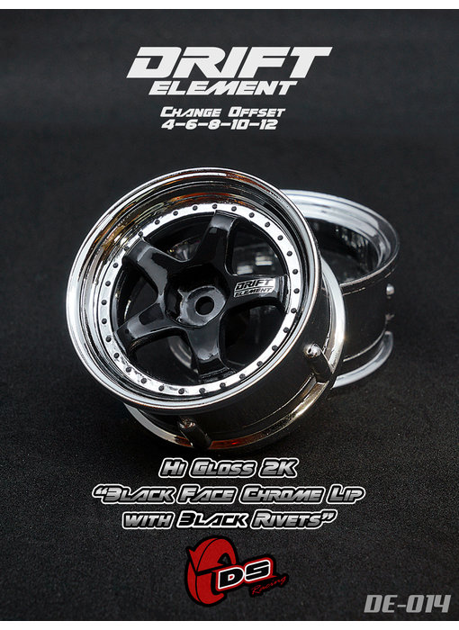 DS Racing DE 5 Spoke Wheel (2) / Black / Chrome Lip / Black Rivets