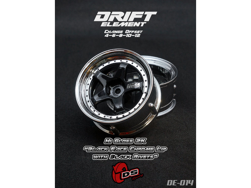 DS Racing Drift Element 5 Spoke Wheel Adj. Offset (2pcs) / Hi Gross 2K Black Face Chrome Lip with Black Rivets