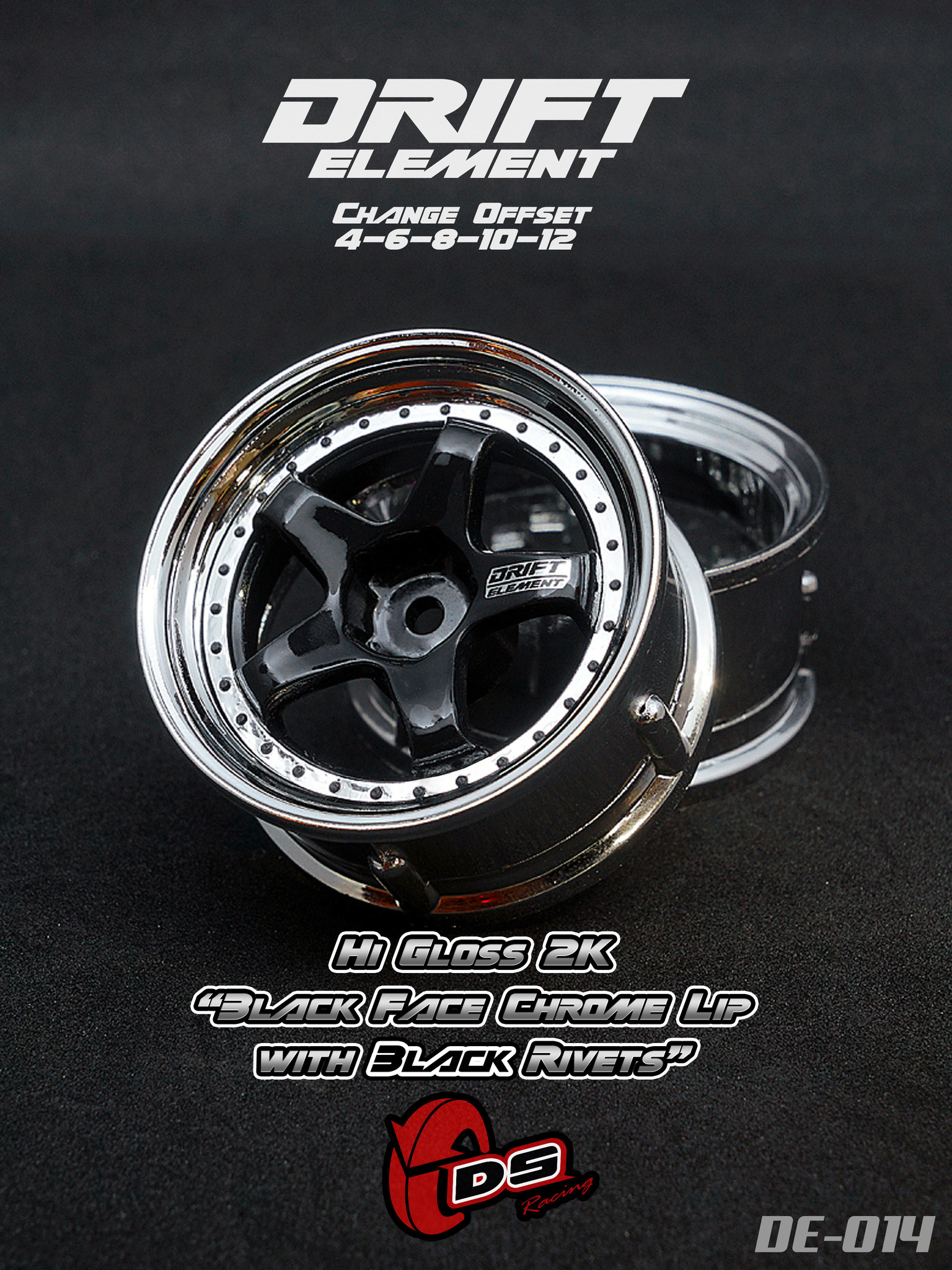 DE 5 Spoke Wheel Set - Hi Gloss 2K Black/Chrome w/ Black Rivets DE 5 Spoke Wheel Set - Hi Gloss 2K Black/Chrome w/ Black Rivets