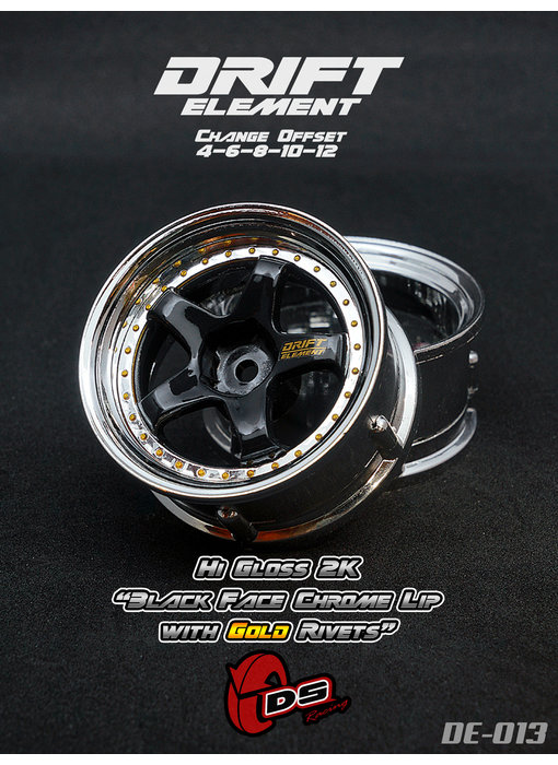 DS Racing DE 5 Spoke Wheel (2) / Black / Chrome Lip / Gold Rivets