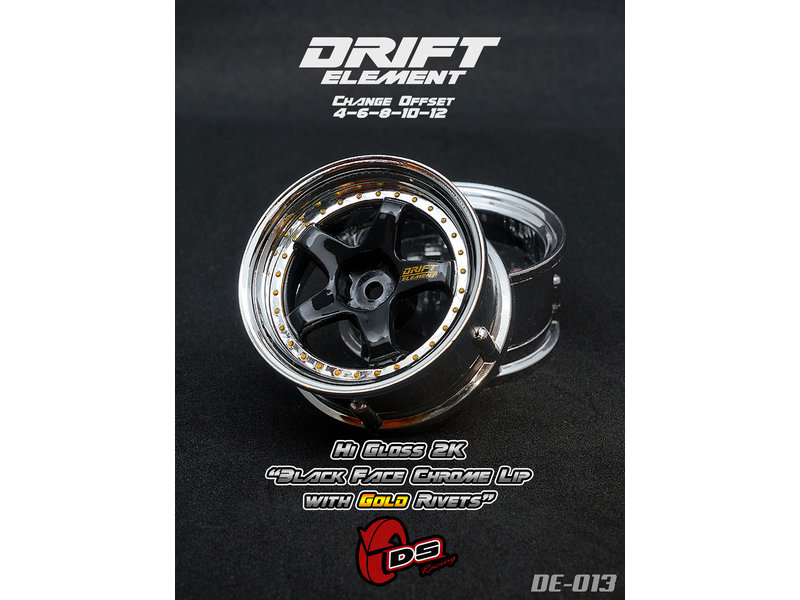 DS Racing Drift Element 5 Spoke Wheel Adj. Offset (2pcs) / Hi Gross 2K Black Face Chrome Lip with Gold Rivets