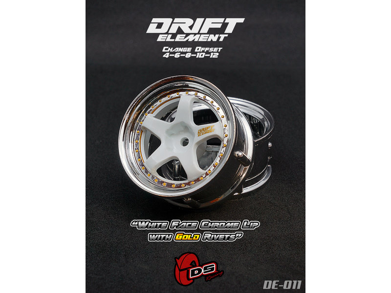 DS Racing Drift Element 5 Spoke Wheel Adj. Offset (2pcs) / White Face Chrome Lip with Gold Rivets