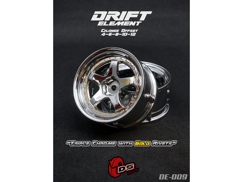 DS Racing Drift Element 5 Spoke Wheel Adj. Offset (2pcs) / Triple Chrome with Gold Rivets