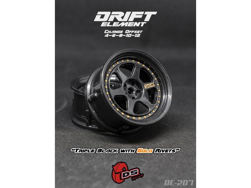 DS Racing Drift Element 6 Spoke Wheel Adj. Offset (2pcs) / Triple Black with Gold Rivets