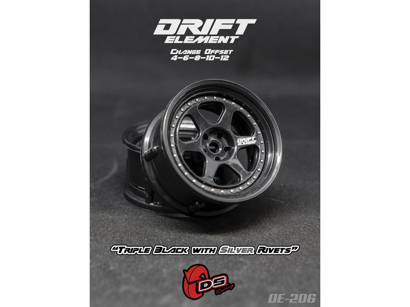 DS Racing Drift Element 6 Spoke Wheel Adj. Offset (2pcs) / Triple Black with Silver Rivets