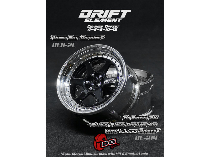 DS Racing Drift Element 6 Spoke Wheel Adj. Offset (2pcs) / Hi Gloss 2K Black Face Chrome Lip with Black Rivets