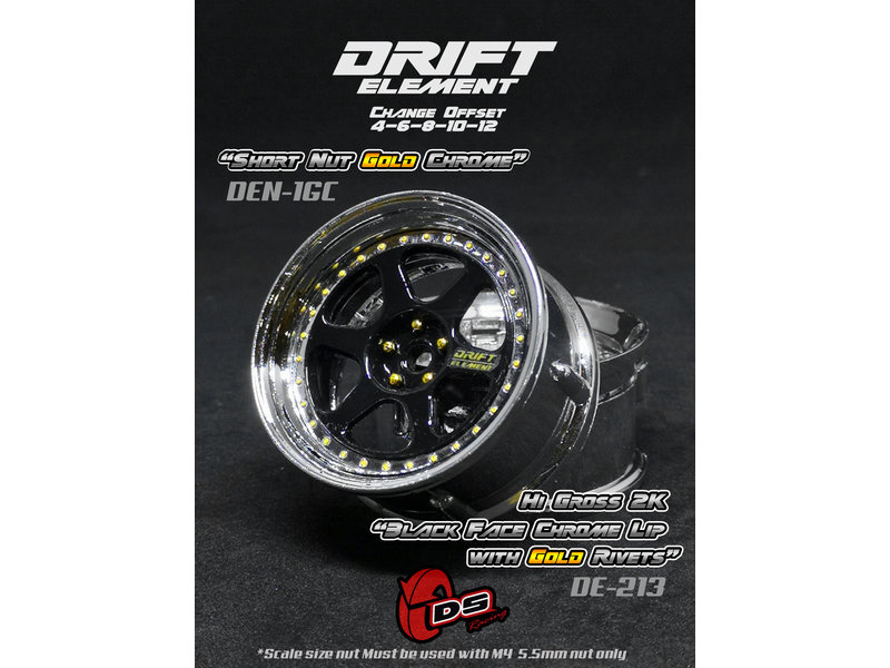 DS Racing Drift Element 6 Spoke Wheel Adj. Offset (2pcs) / Hi Gross 2K Black Face Chrome Lip with Gold Rivets