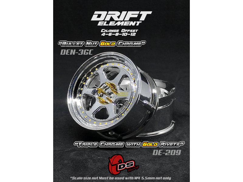 DS Racing Drift Element 6 Spoke Wheel Adj. Offset (2pcs) / Triple Chrome with Gold Rivets