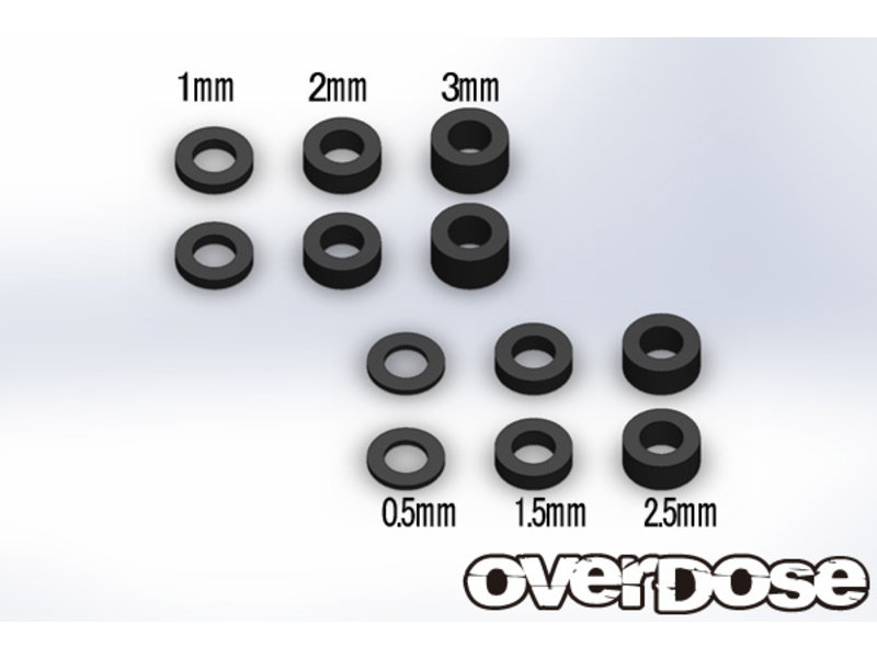 Overdose Spacer Set φ3mm x φ5.5mm Black (Thickness 0.5,1.0,1.5,2.0,2.5,3.0 x 2pcs each)