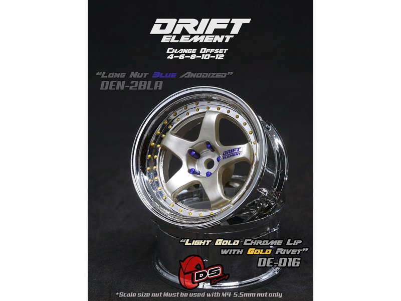 DS Racing Drift Element 5 Spoke Wheel Adj. Offset (2pcs) / Light Gold Face / Chrome Lip with Gold Rivets