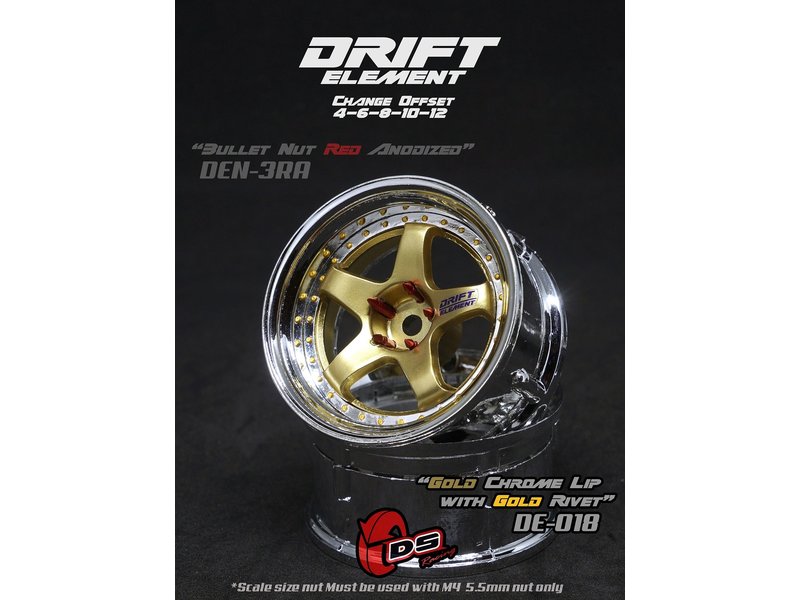 DS Racing Drift Element 5 Spoke Wheel Adj. Offset (2pcs) / Gold Face / Chrome Lip with Gold Rivets