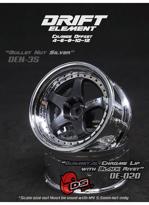 DS Racing DE 5 Spoke Wheel (2) / Gunmetal / Chrome Lip / Black Rivets