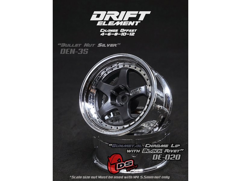 DS Racing Drift Element 5 Spoke Wheel Adj. Offset (2pcs) / Gunmetal Face / Chrome Lip with Black Rivets