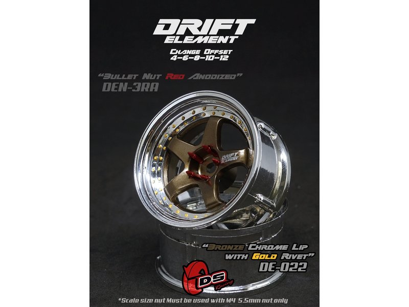 DS Racing Drift Element 5 Spoke Wheel Adj. Offset (2pcs) / Bronze Face / Chrome Lip with Gold Rivets