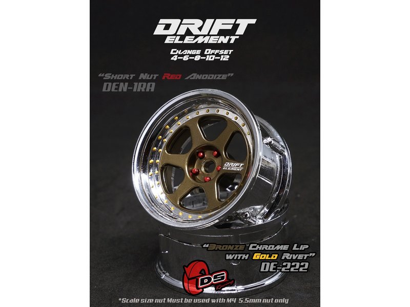 DS Racing Drift Element 6 Spoke Wheel Adj. Offset (2pcs) / Bronze Face / Chrome Lip with Gold Rivets