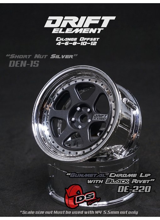 DS Racing DE 6 Spoke Wheel (2) / Gunmetal / Chrome Lip / Black Rivets