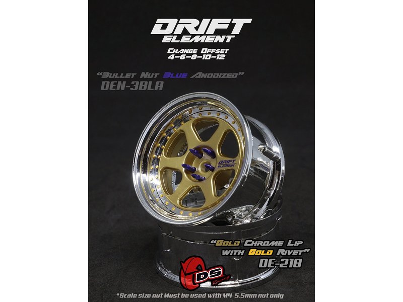 DS Racing Drift Element 6 Spoke Wheel Adj. Offset (2pcs) / Gold Face / Chrome Lip with Gold Rivets