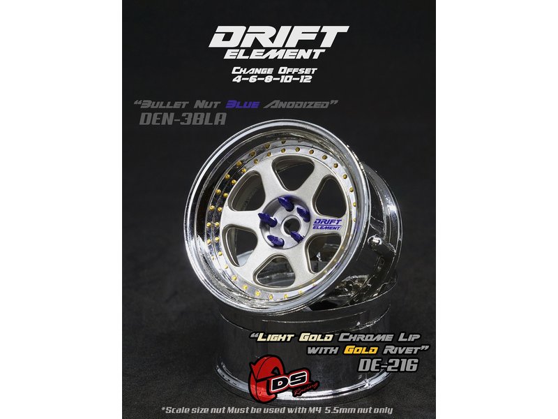 DS Racing Drift Element 6 Spoke Wheel Adj. Offset (2pcs) / Light Gold Face / Chrome Lip with Gold Rivets